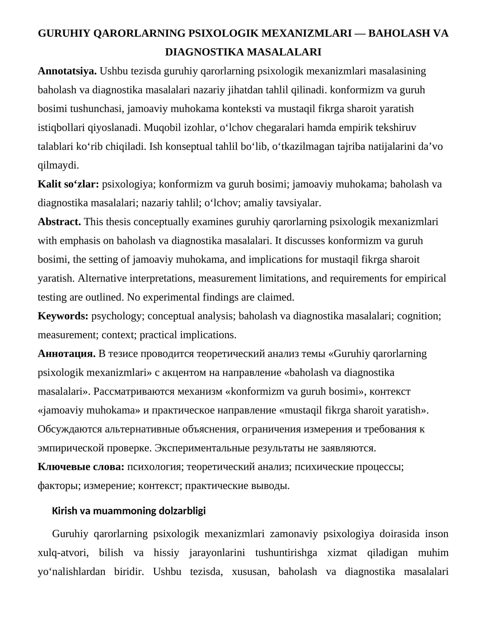 GURUHIY QARORLARNING PSIXOLOGIK MEXANIZMLARI — BAHOLASH VA DIAGNOSTIKA MASALALARI