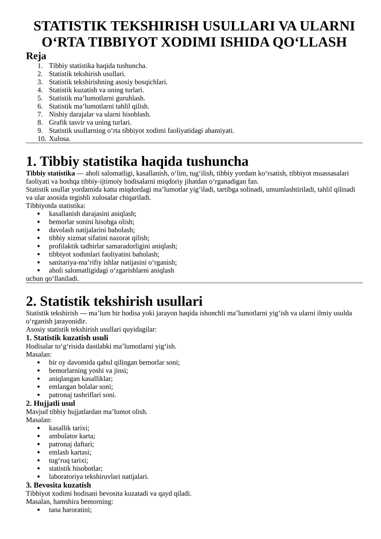 STATISTIK TEKSHIRISH USULLARI VA ULARNI OβRTA TIBBIYOT XODIMI ISHIDA QOβLLASH