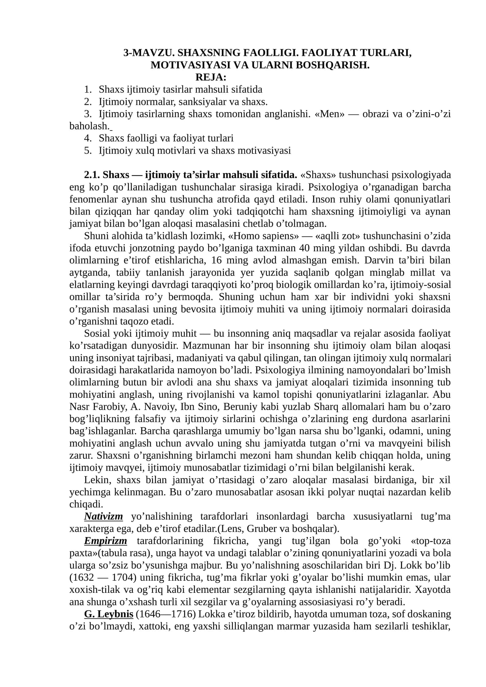 SHAXSNING FAOLLIGI. FAOLIYAT TURLARI, MOTIVASIYASI VA ULARNI BOSHQARISH