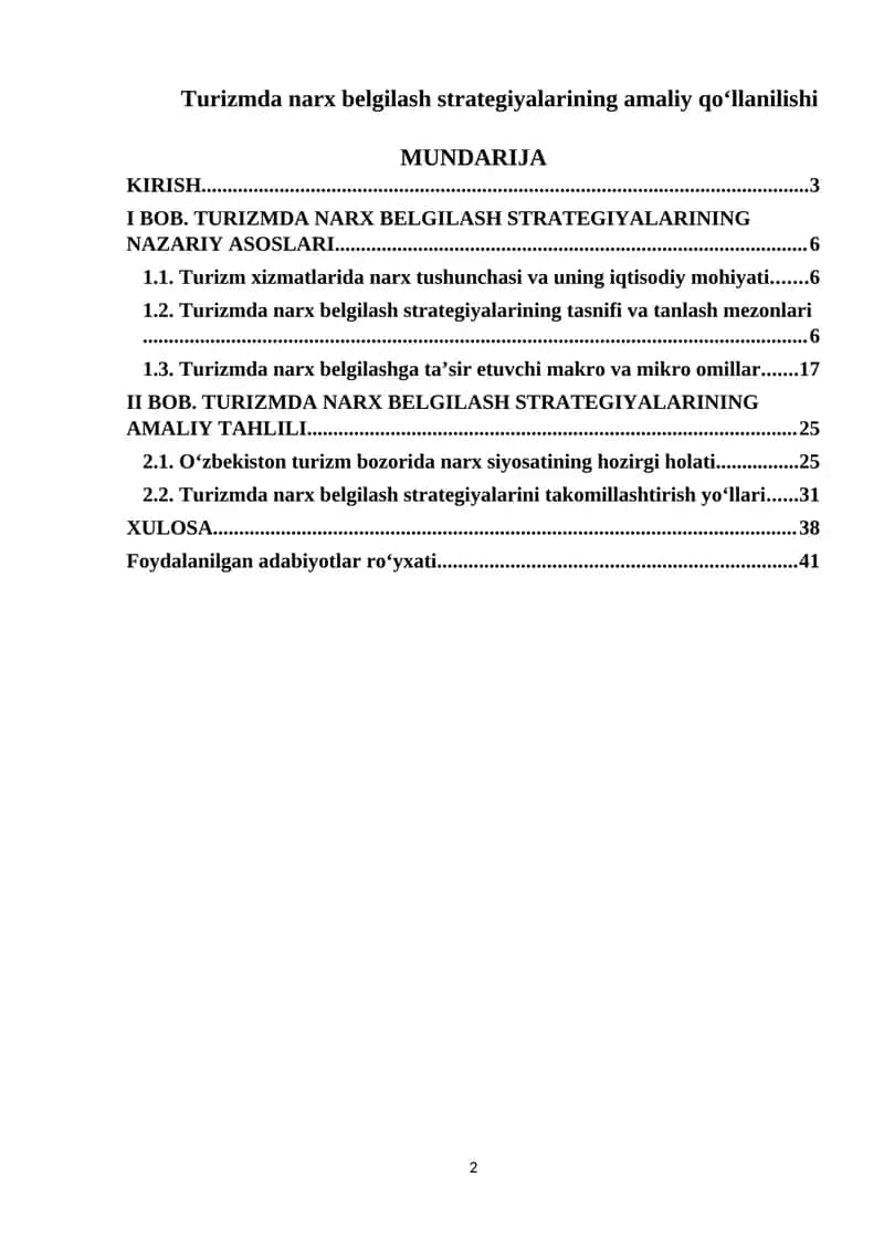 Turizmda narx belgilash strategiyalarining amaliy qo‘llanilishi