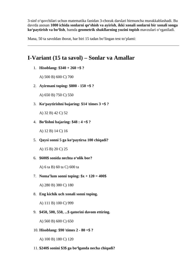 3 sinf matematika chorak yakuniy test