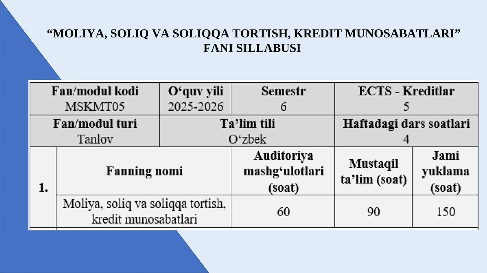 “Moliya, Soliq va Soliqqa Tortish, Kredit Munosabatlari”Fani Sillabusi