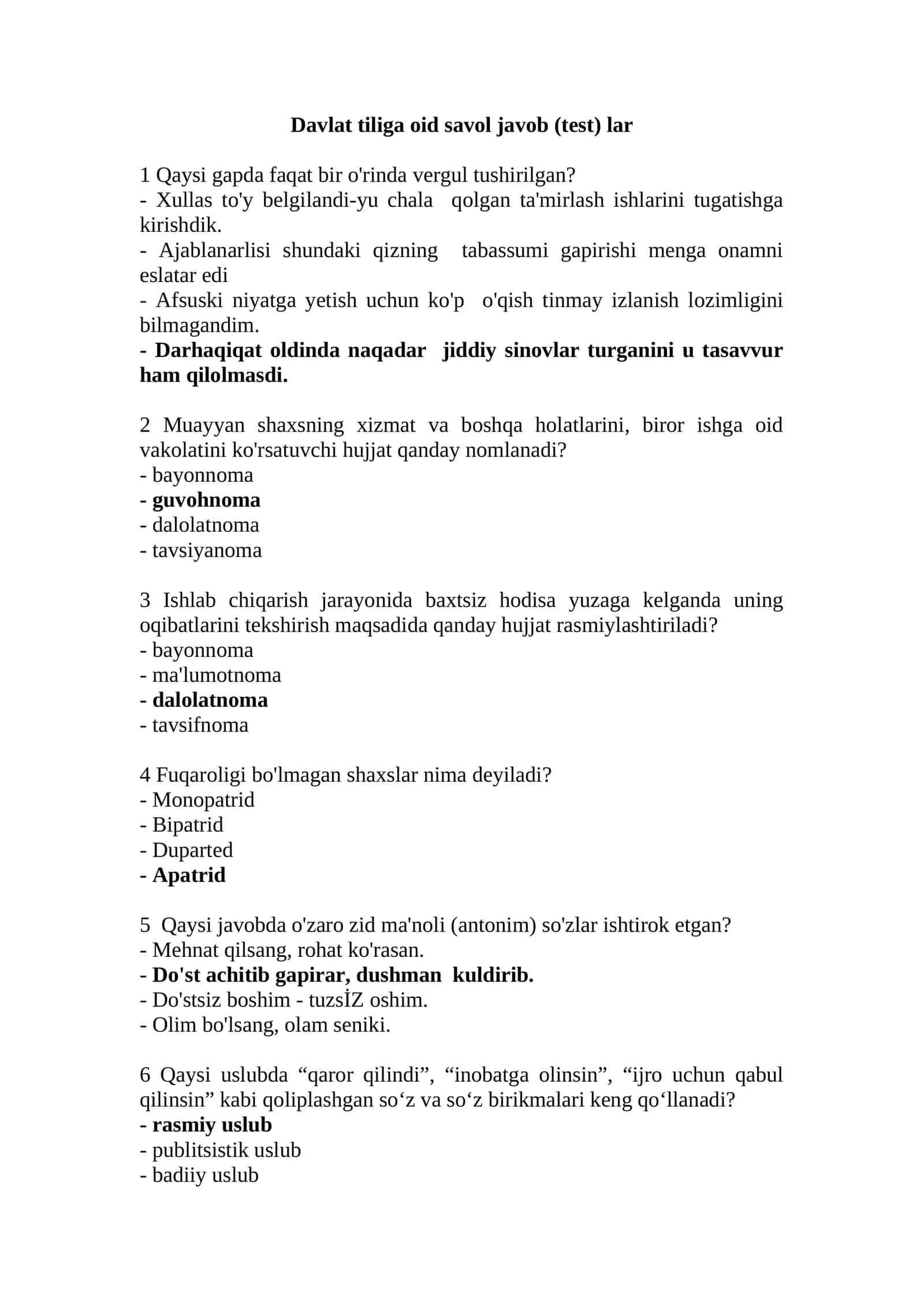 Davlat tiliga oid savol javob (test) lar