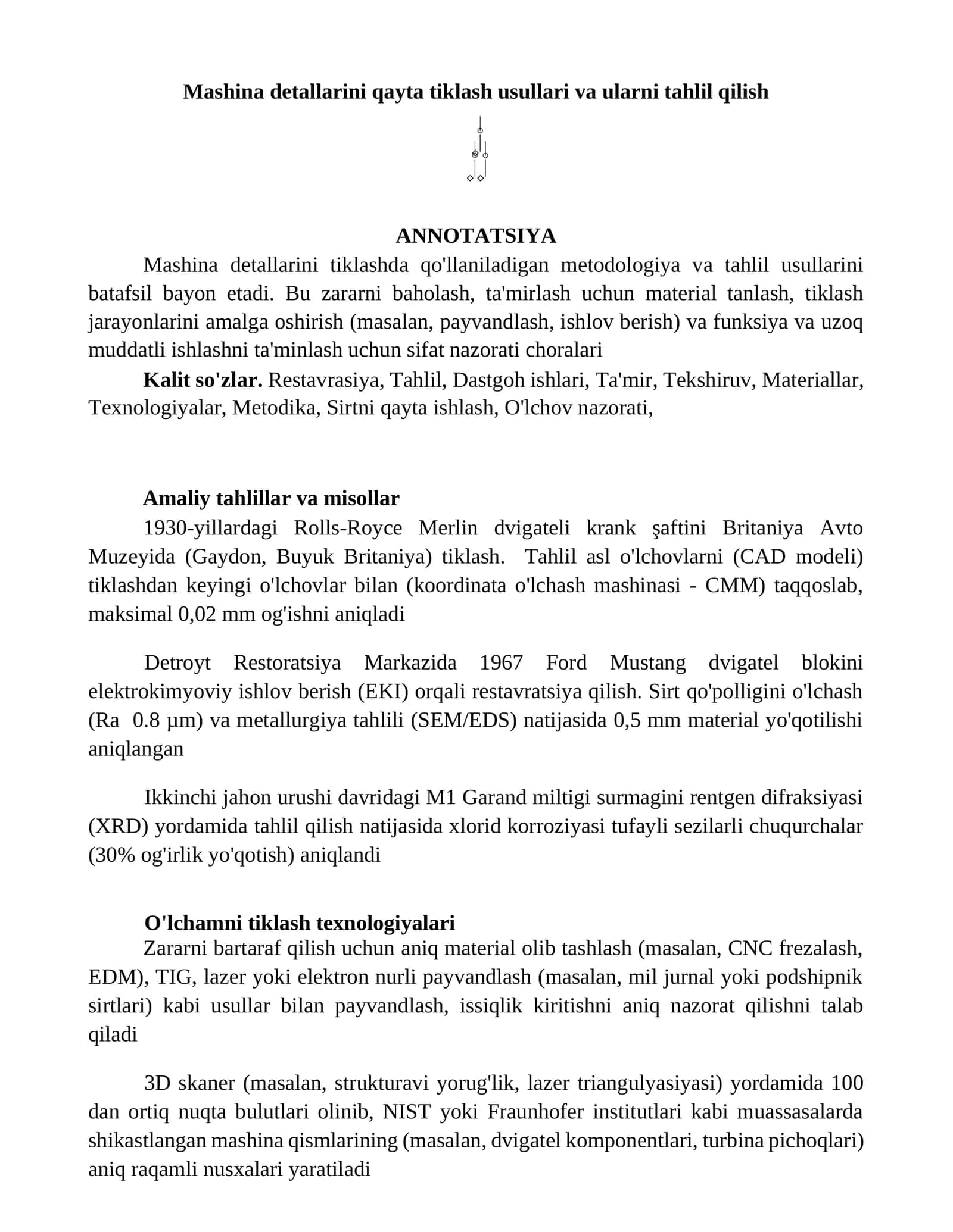 Mashina detallarini qayta tiklash usullari va ularni tahlil qilish