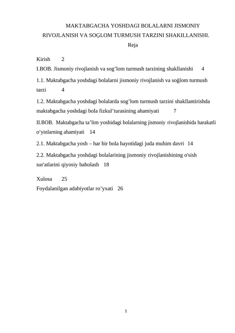 Maktabgacha yoshdagi bolalarni jismoniy rivojlanish va soģlom turmush tarzini shakillanishi
