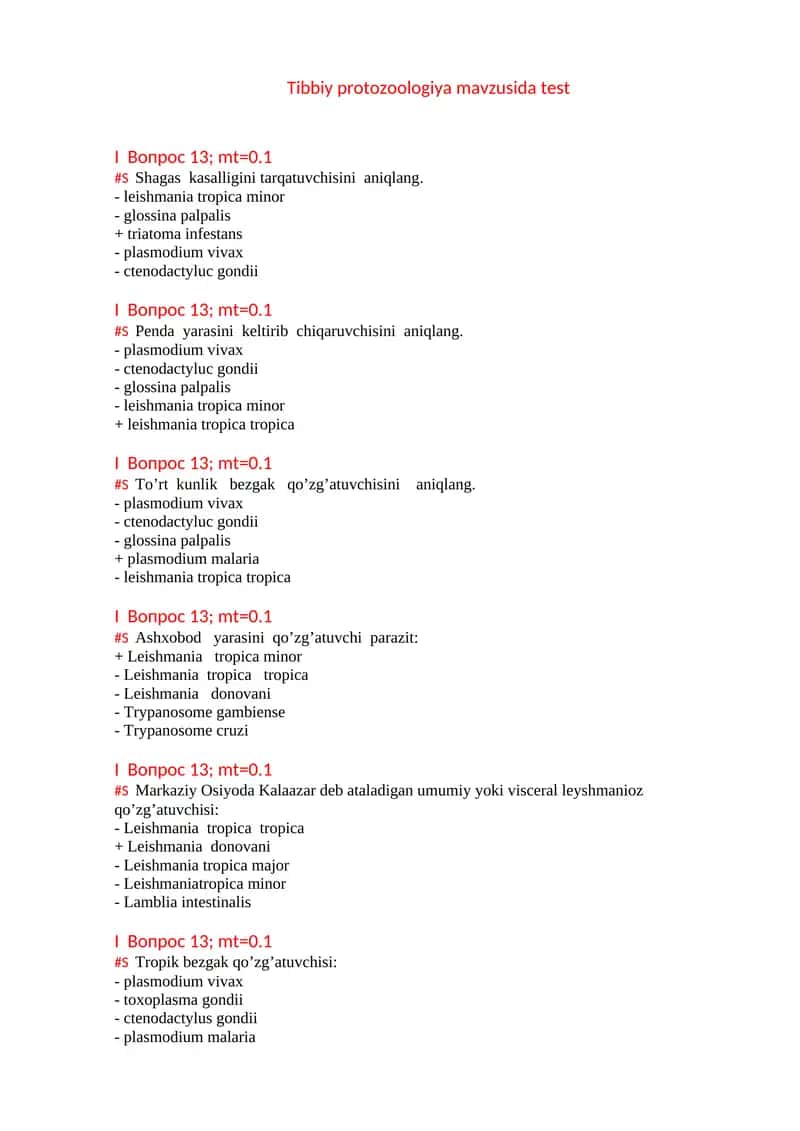 Tibbiy protozoologiya mavzusida test