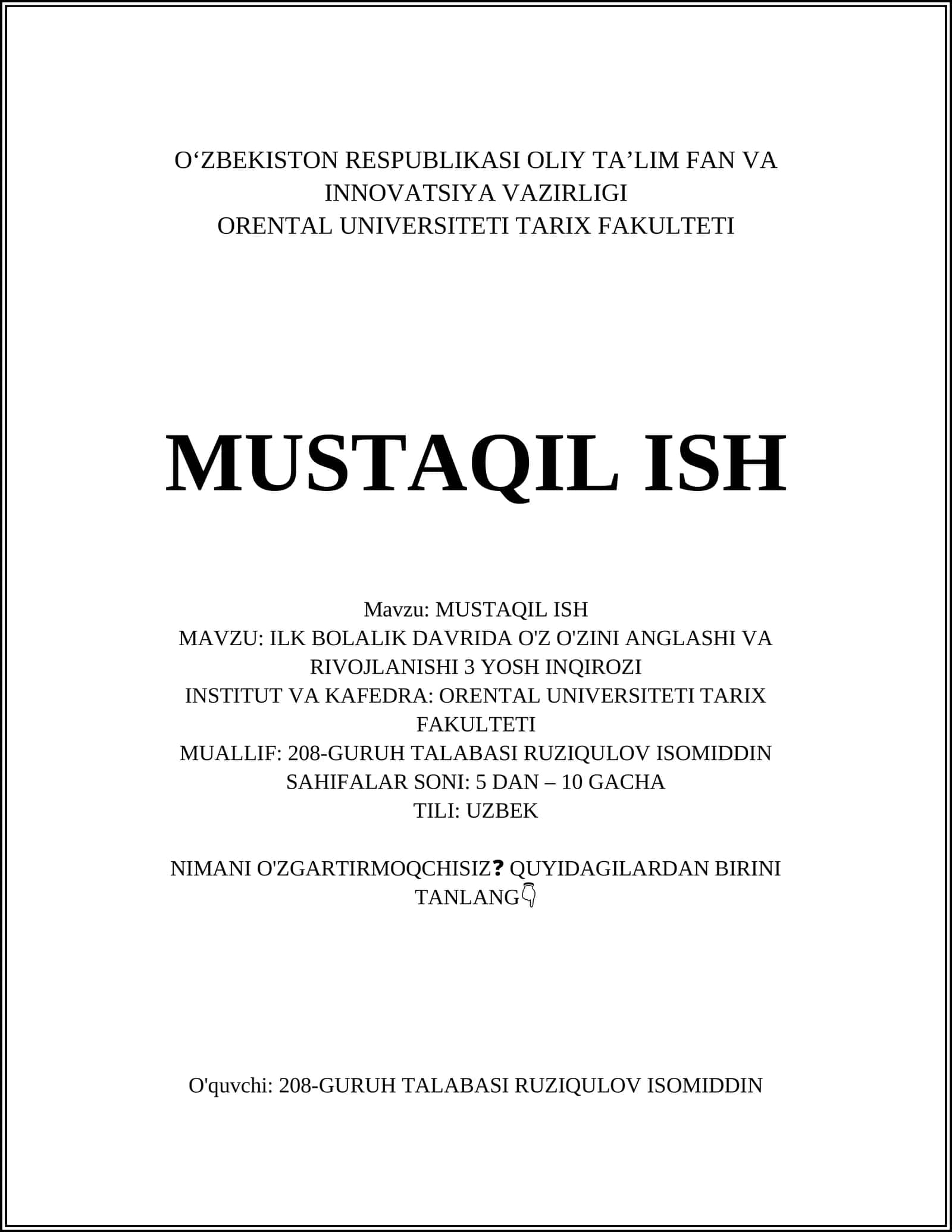 ILK BOLALIK DAVRIDA O'Z O'ZINI ANGLASHI VA RIVOJLANISHI 3 YOSH INQIROZI