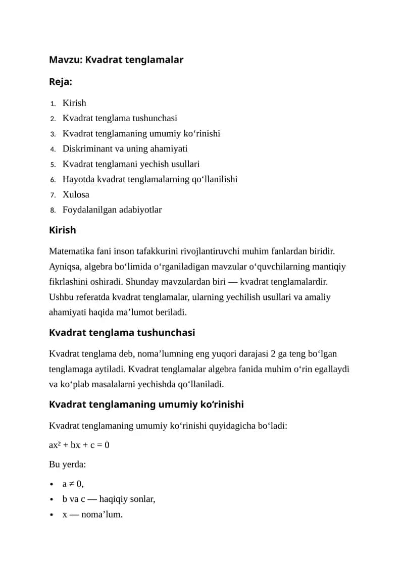 Matematika 9 sinf kvadrat tenglamalar
