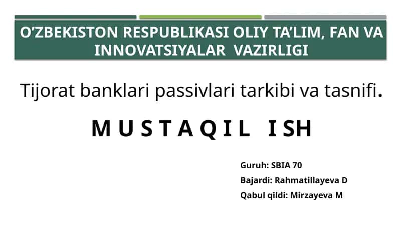 Tijoratbanklari passivlari tarkibini tasnifi
