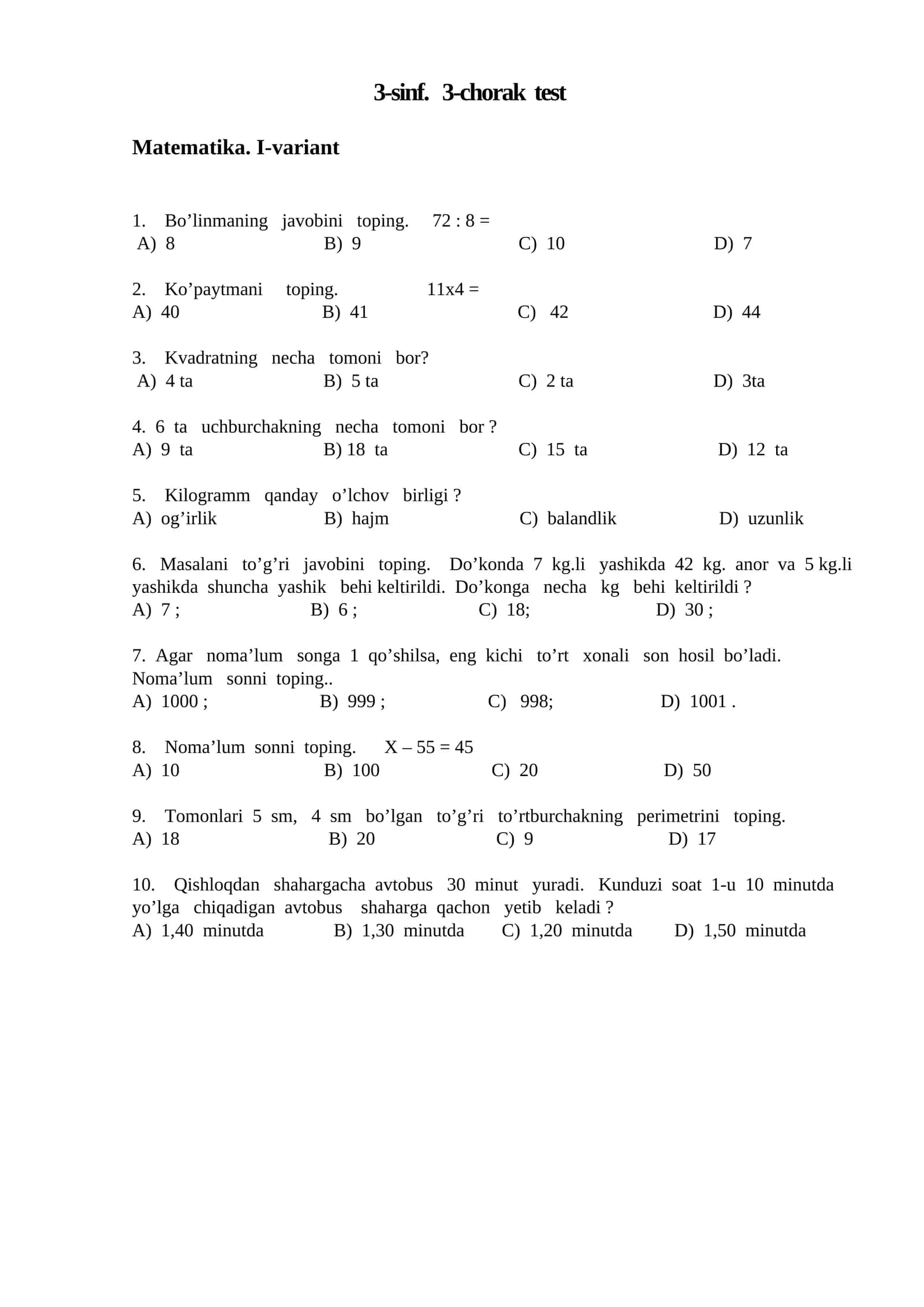 test 3-sinf Matematika I-II-variantda