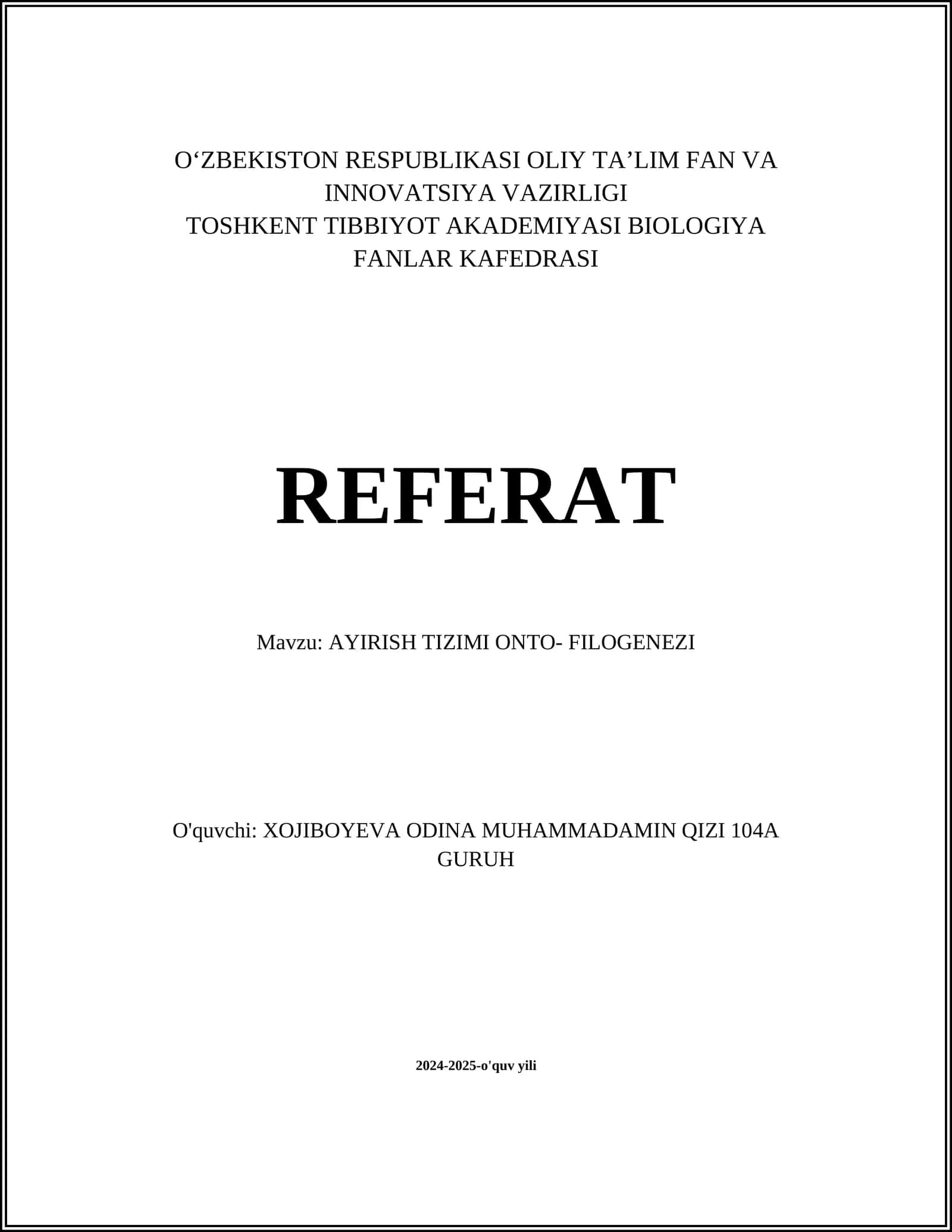AYIRISH TIZIMI ONTO- FILOGENEZI