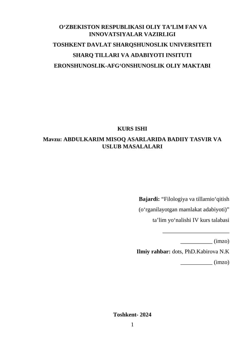 ABDULKARIM MISOQ ASARLARIDA BADIIY TASVIR VA USLUB MASALALARI