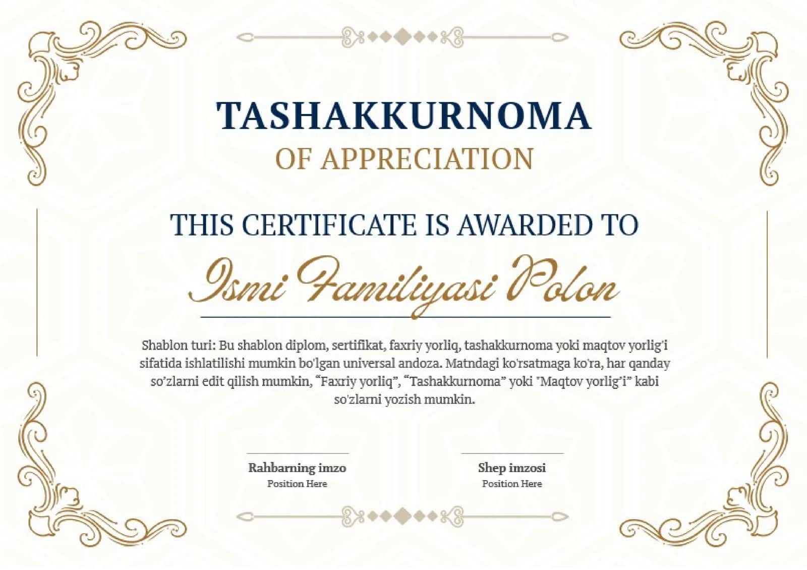 Diplom, sertifikat, faxriyyorlik, tashakkurnoma