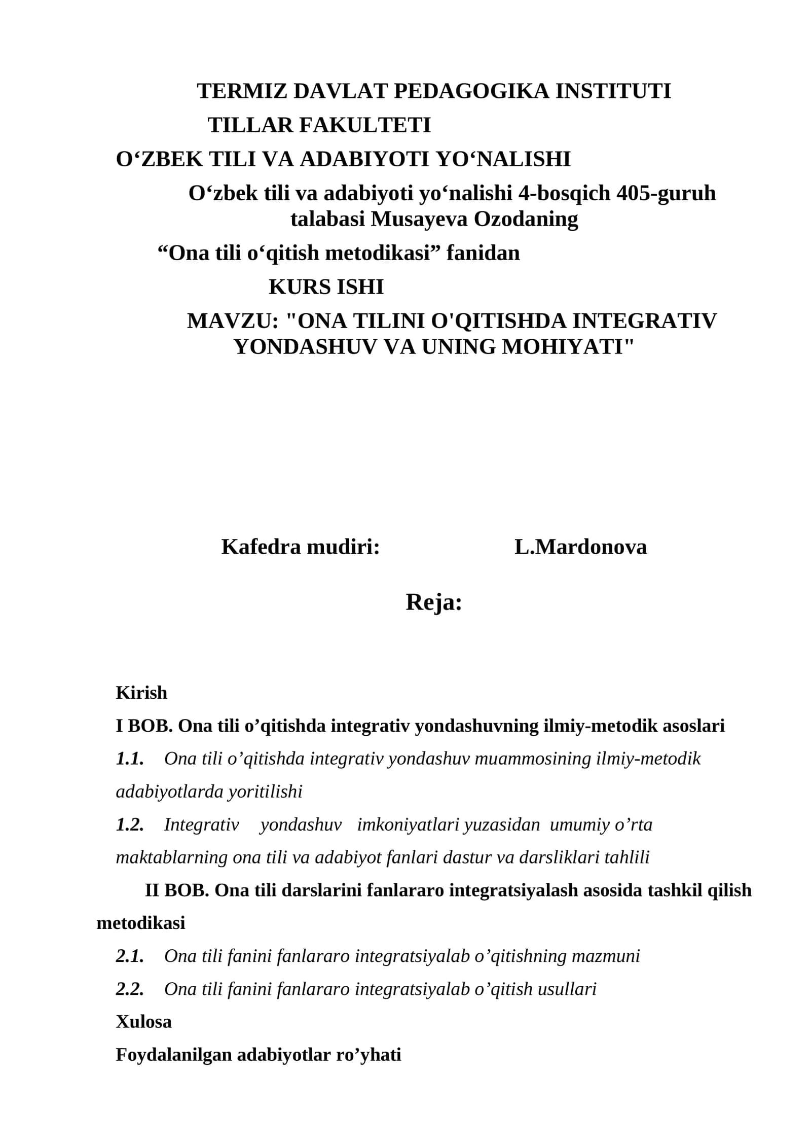 ONA TILINI O'QITISHDA INTEGRATIV YONDASHUV VA UNING MOHIYATI