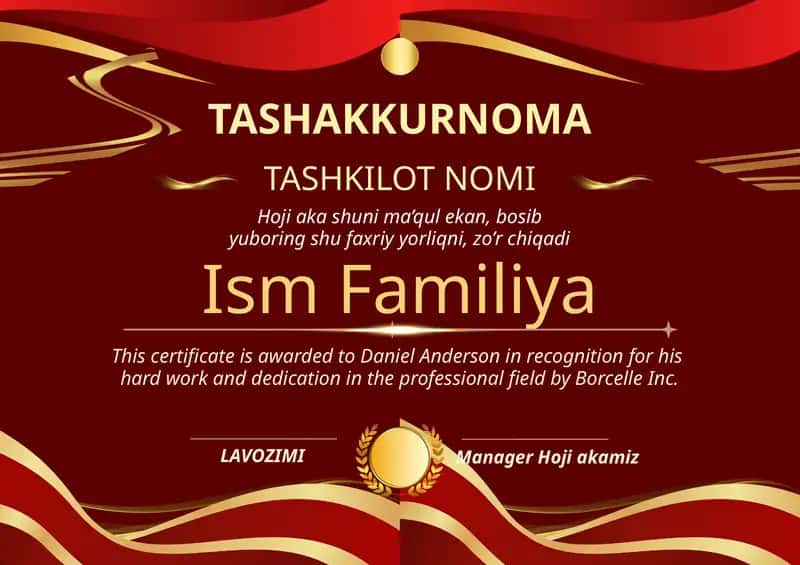 Tashakkurnoma shablon tayyori andoza