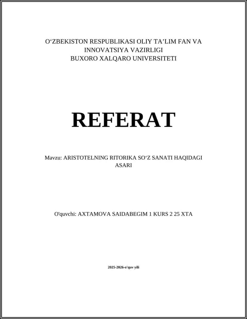 ARISTOTELNING RITORIKA SO‘Z SANATI HAQIDAGI ASARI