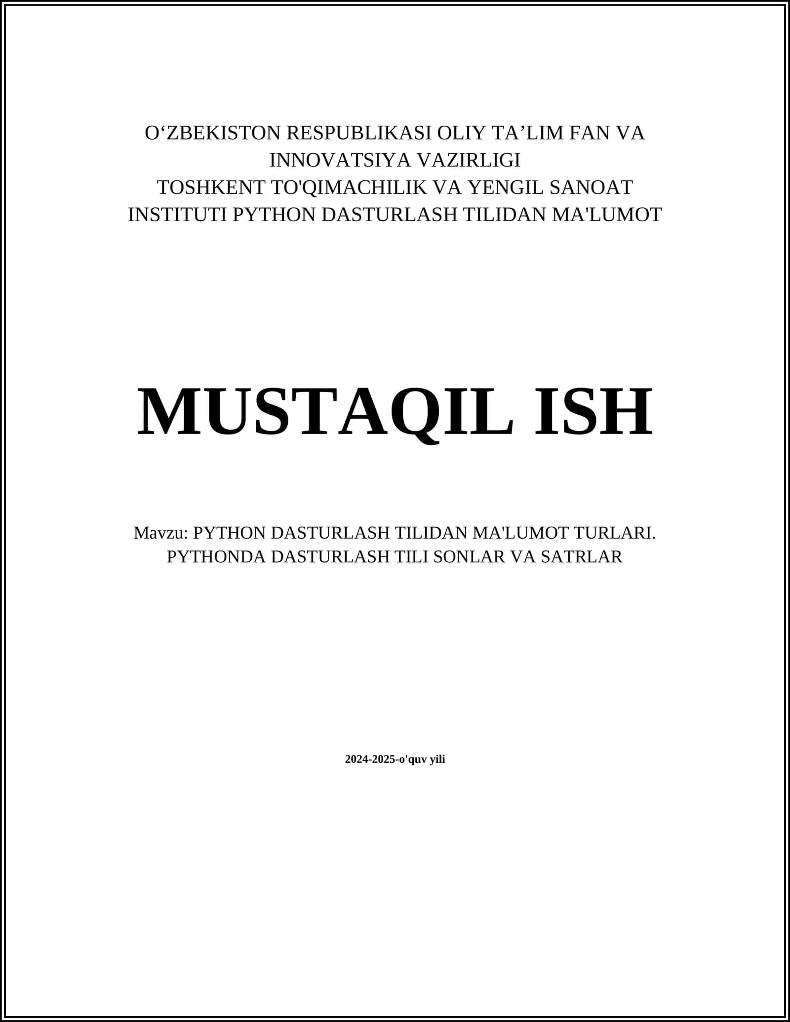 PYTHON DASTURLASH TILIDAN MA'LUMOT TURLARI