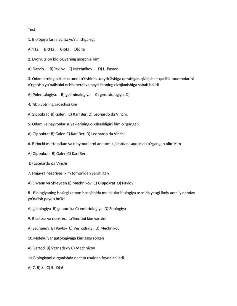Biologiya Test Topshiriqlar