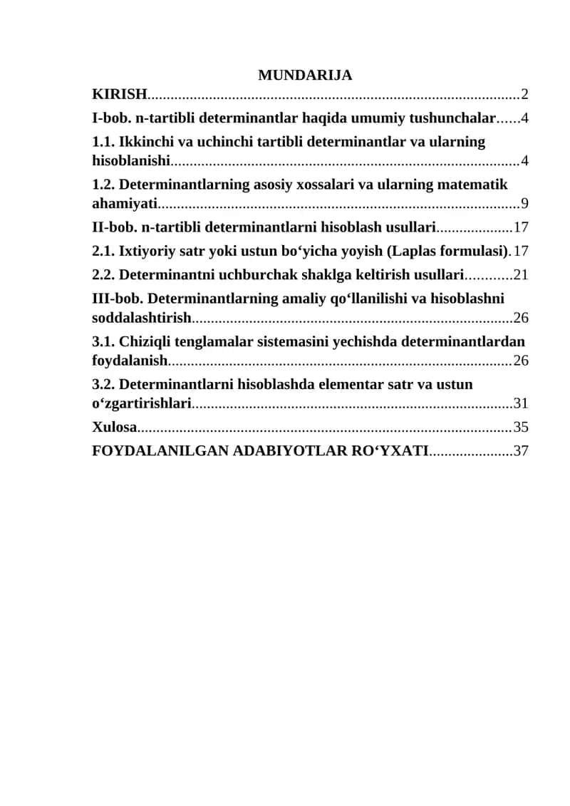 n-tartibli determinantlarni yechish metodlari