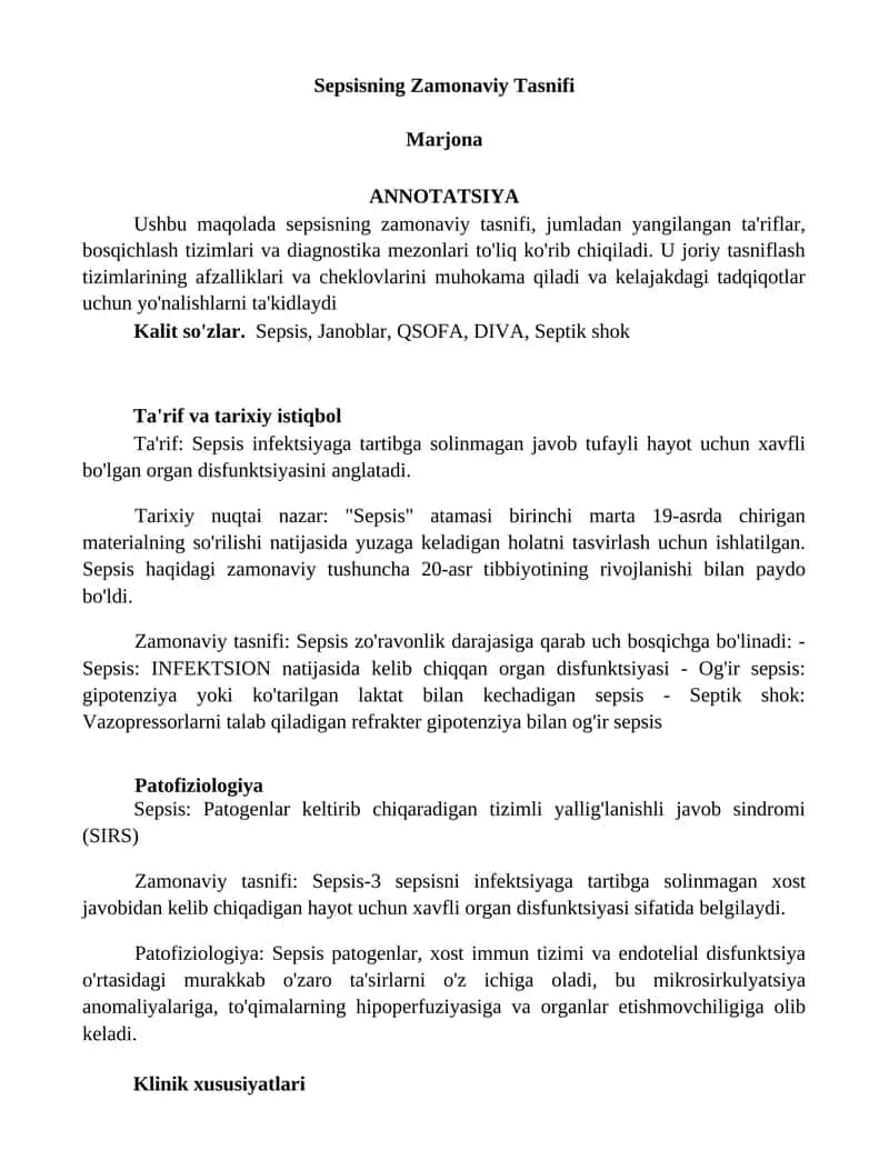 Sepsisning Zamonaviy Tasnifi