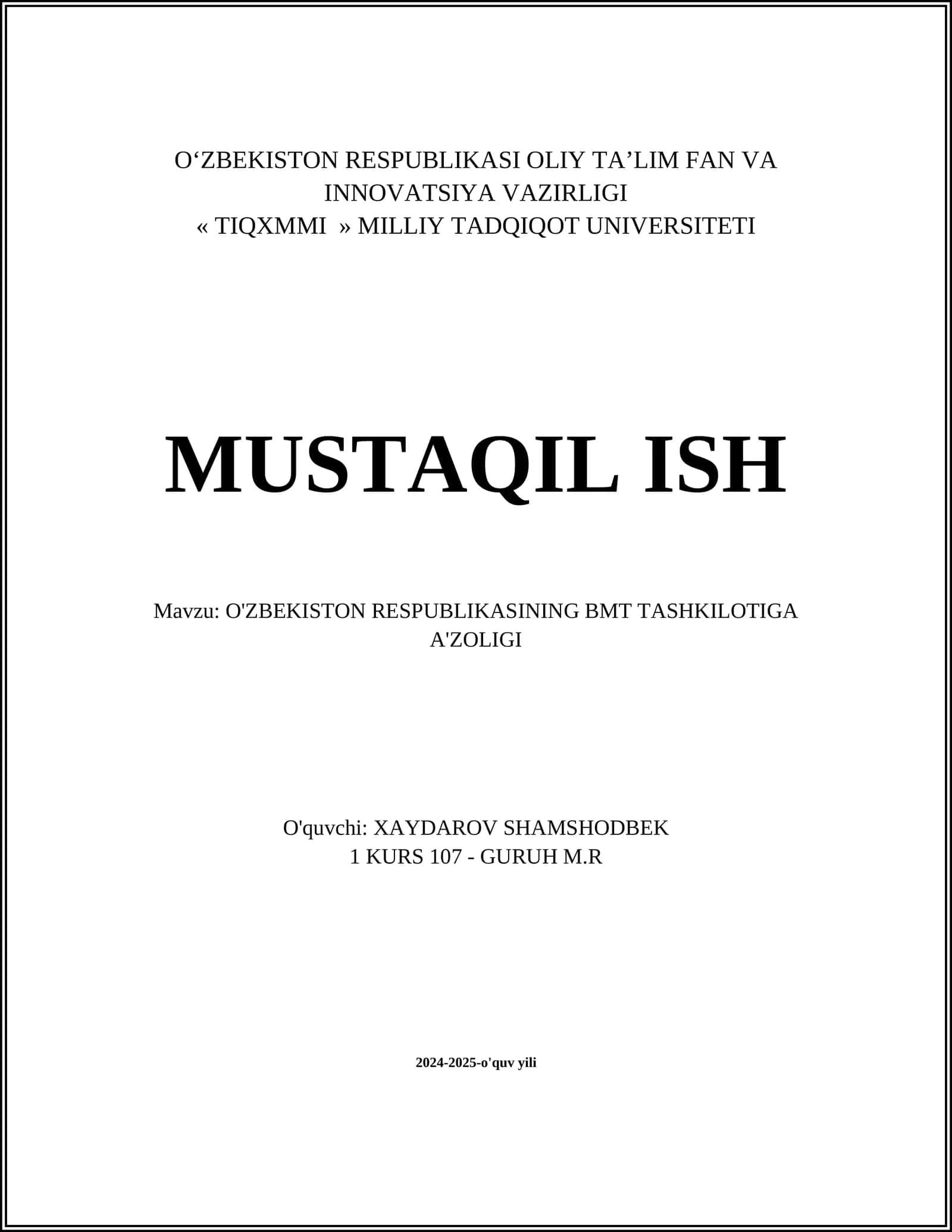 O'ZBEKISTON RESPUBLIKASINING BMT TASHKILOTIGA A'ZOLIGI