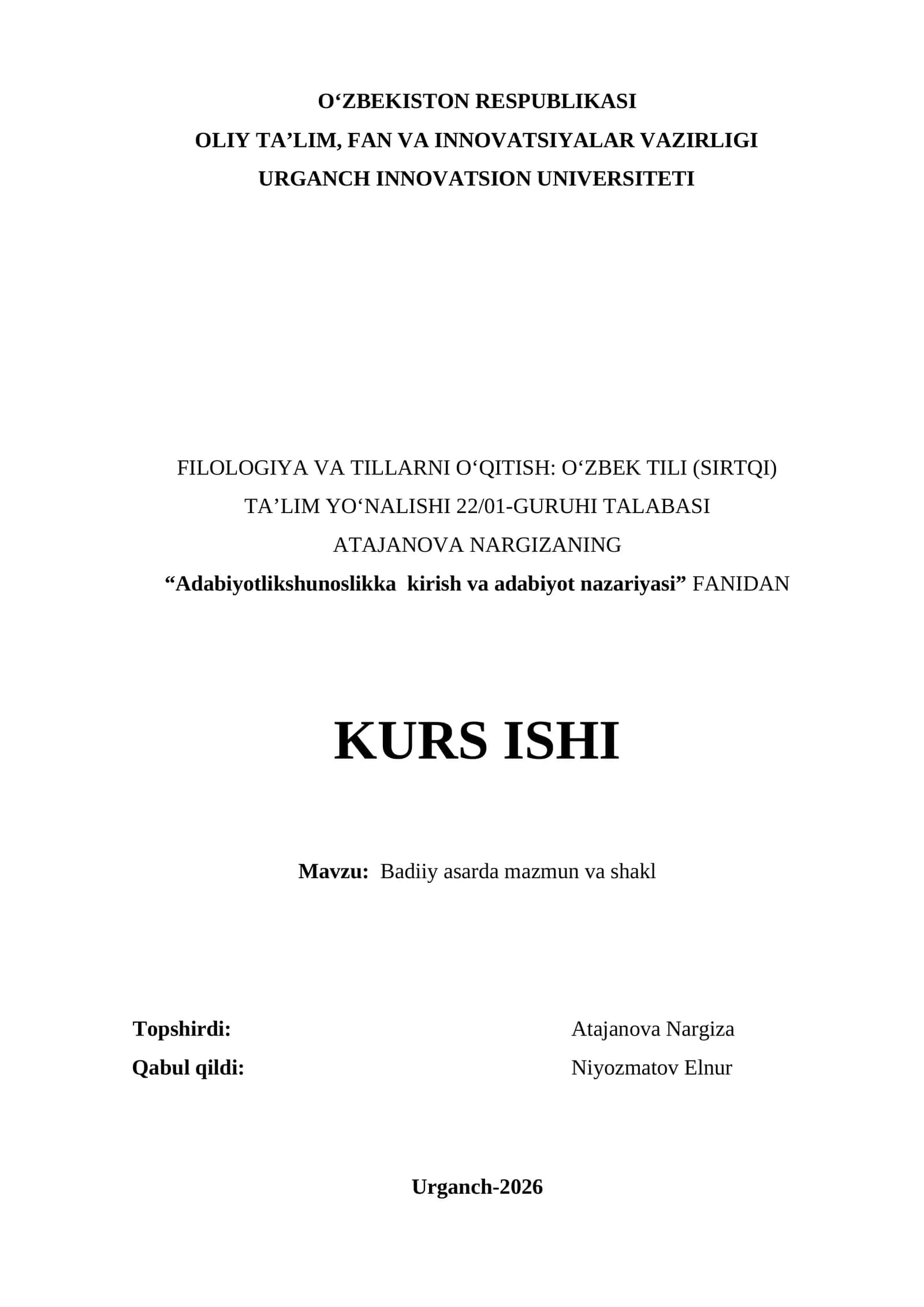 Adabiyotlikshunoslikka kirish va adabiyot nazariyasi kurs ishi