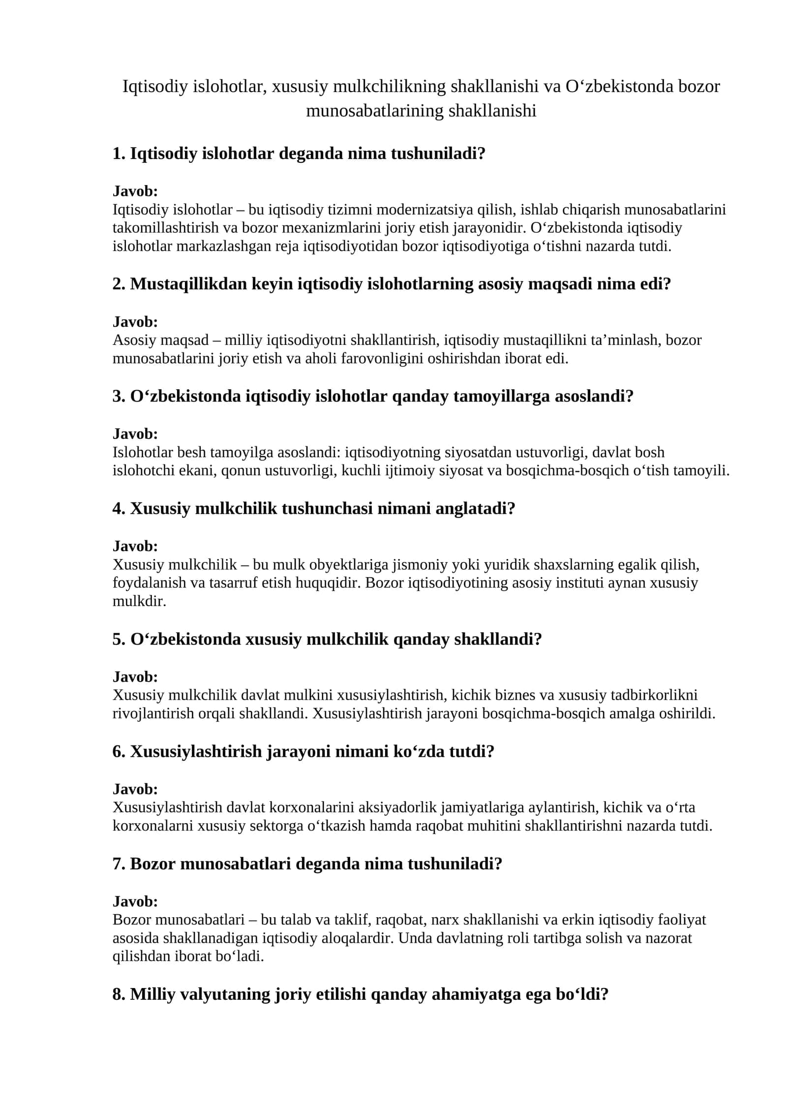 Iqtisodiy islohotlar, xususiy mulkchilikning shakllanishi va O‘zbekistonda bozor munosabatlarining shakllanishi