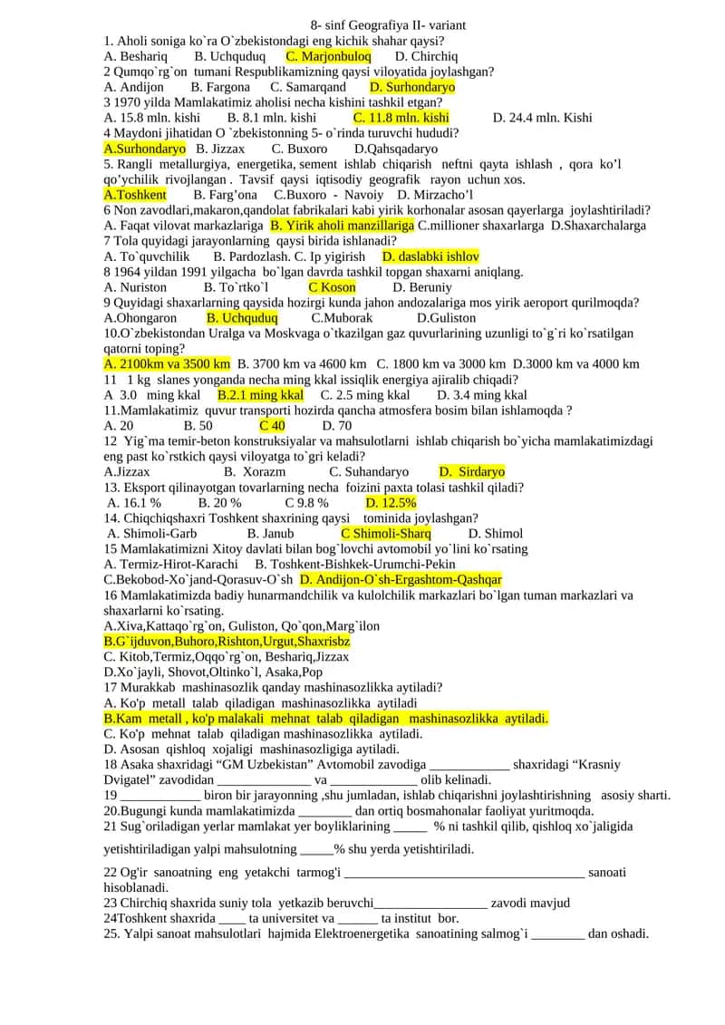 8- sinf Geografiya II- variant
