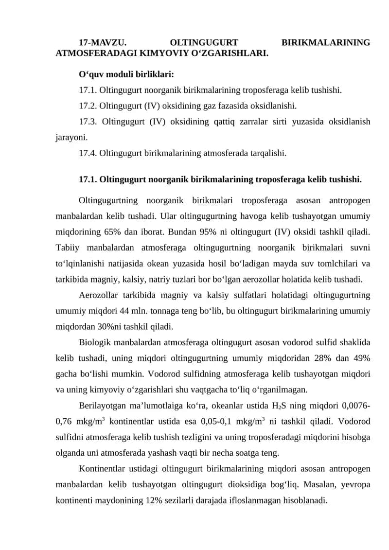 Oltingugurt birikmalarining atmosferadagi kimyoviy o‘zgarishlari