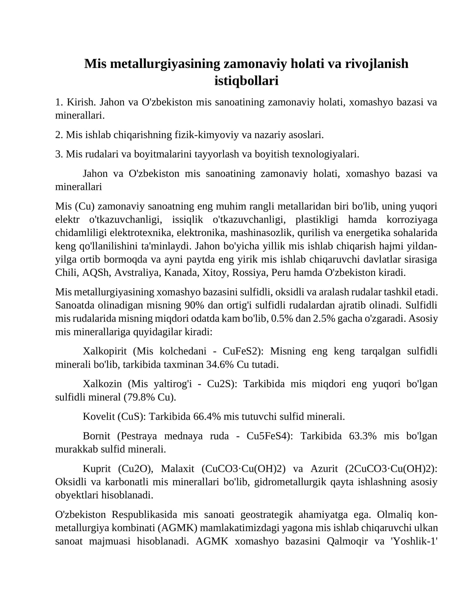 Mis metallurgiyasining zamonaviy holati va rivojlanish istiqbollari