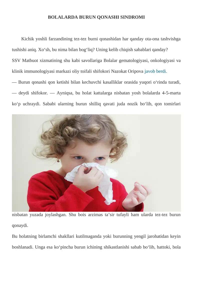 Bolalarda burun qonashi sindromi