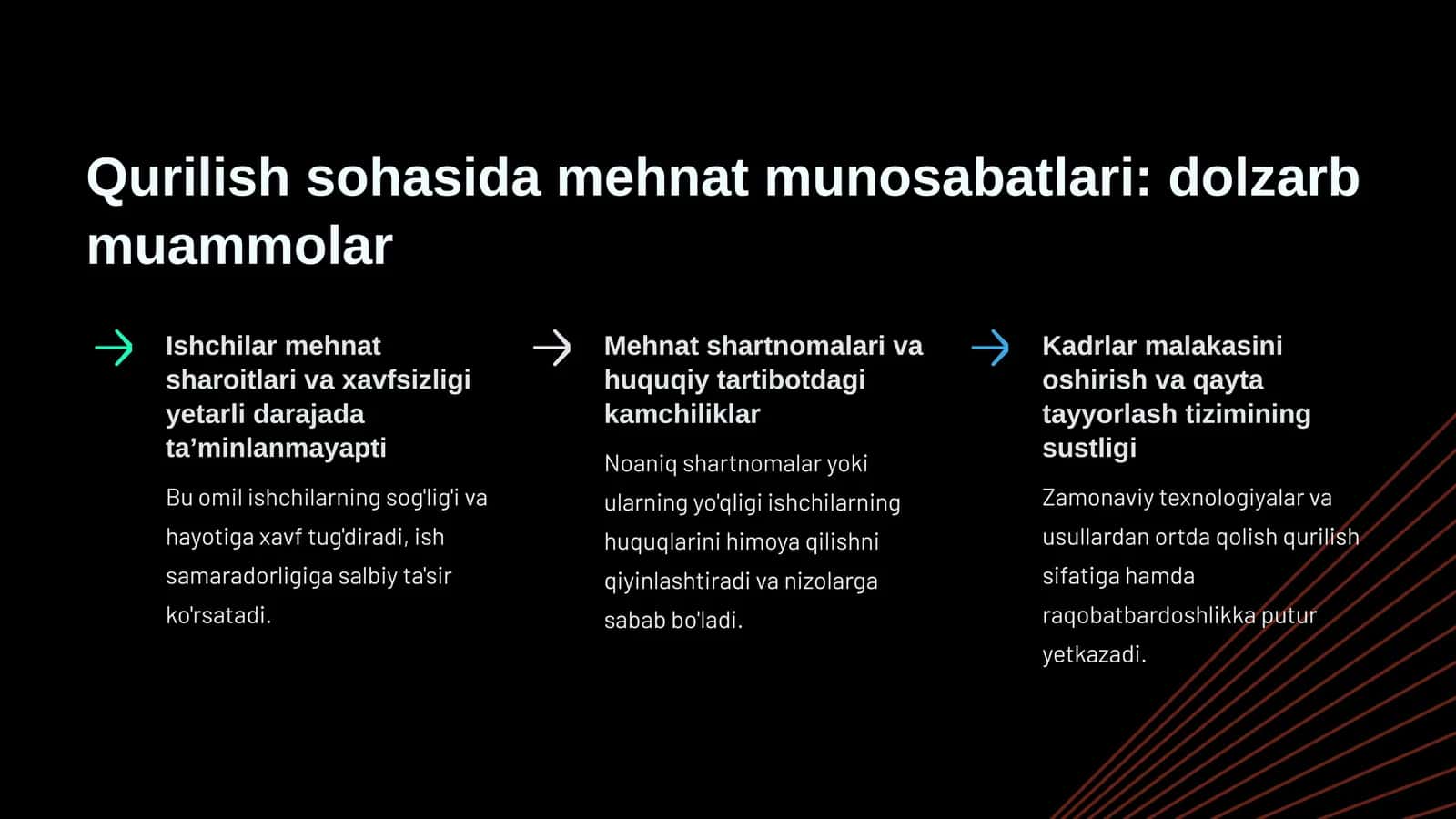 Qurilish sohasida mehnat munosabatlari: dolzarb muammolar