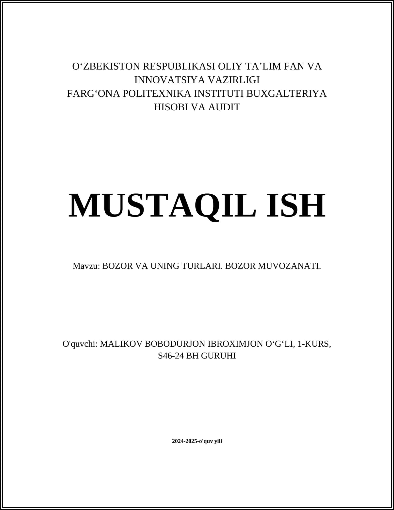 BOZOR VA UNING TURLARI. BOZOR MUVOZANATI