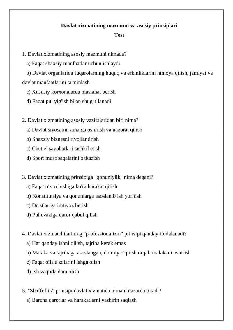 Davlat xizmatining mazmuni va asosiy prinsiplari