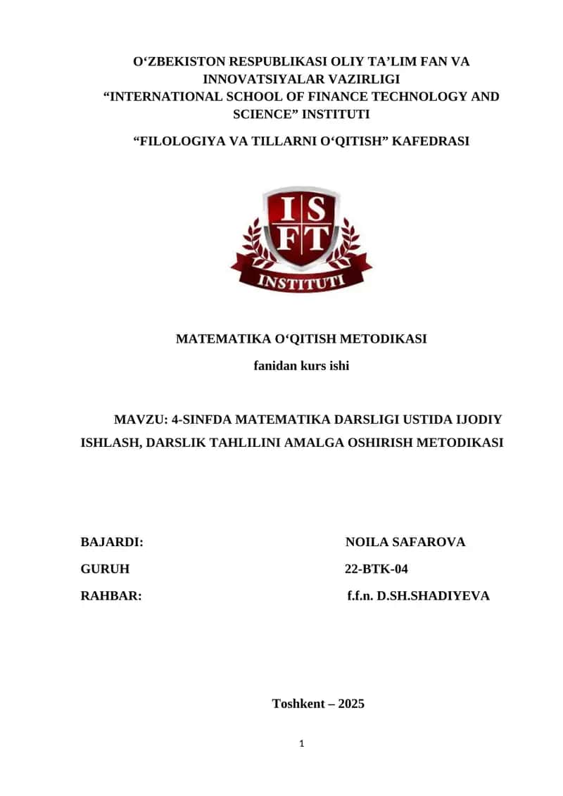 MATEMATIKA O‘QITISH METODIKASI