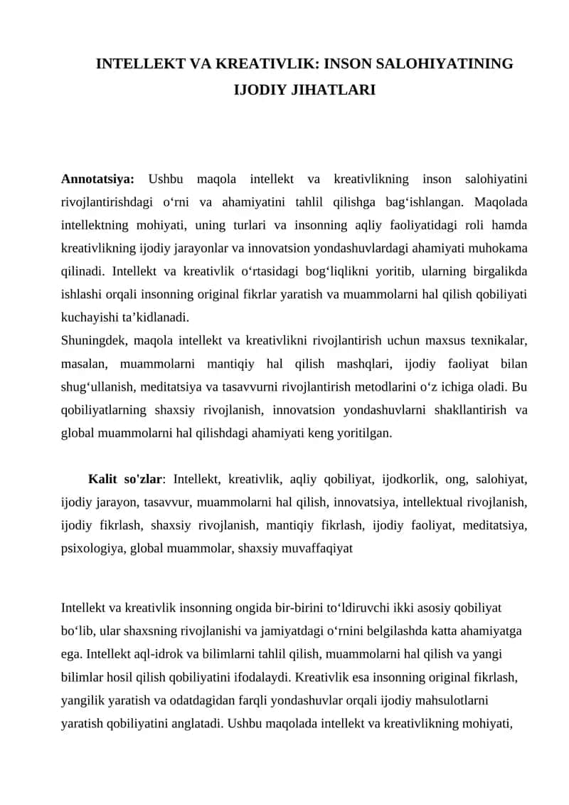 INTELLEKT VA KREATIVLIK: INSON SALOHIYATINING IJODIY JIHATLARI
