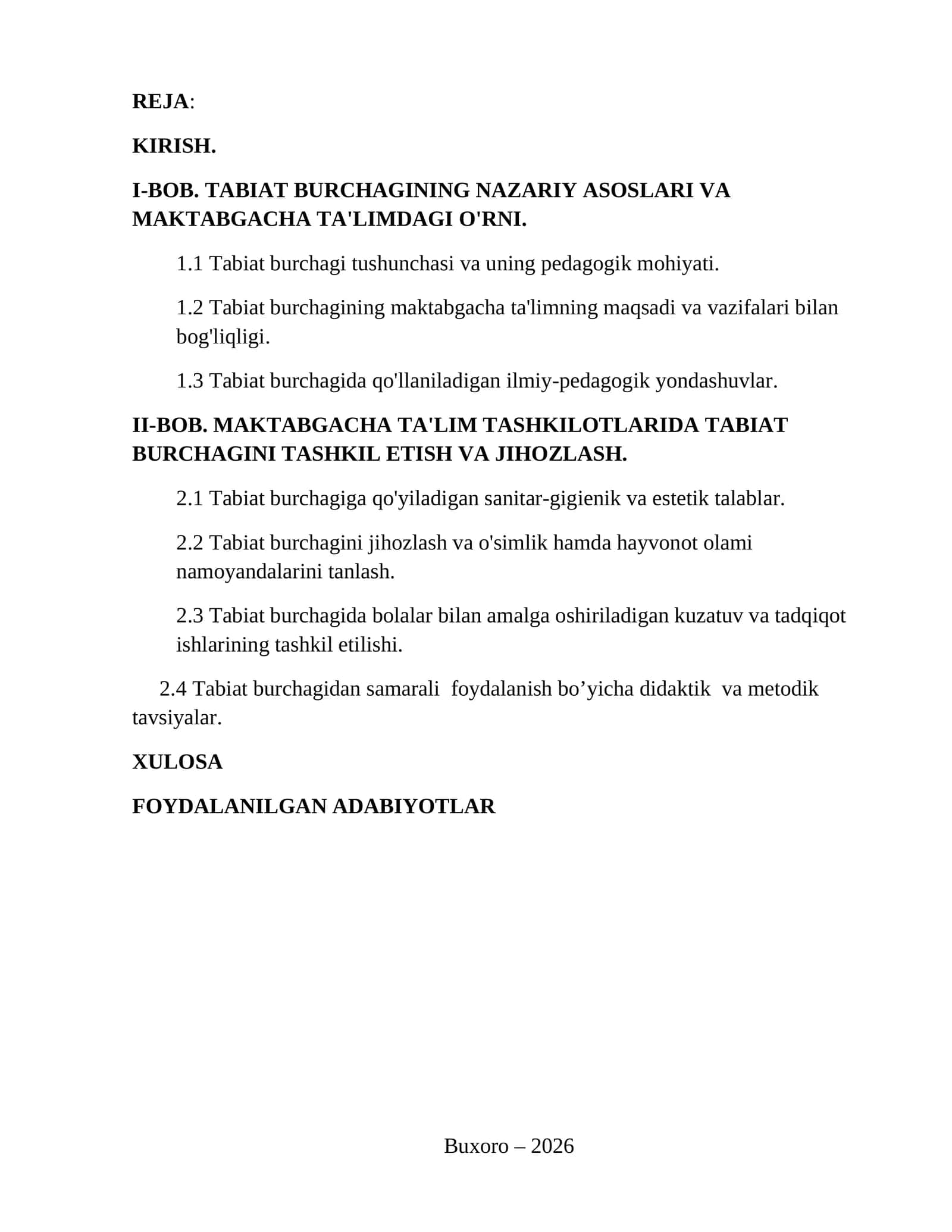 TABIAT BURCHAGINING NAZARIY ASOSLARI VA MAKTABGACHA TA'LIMDAGI O'RNI