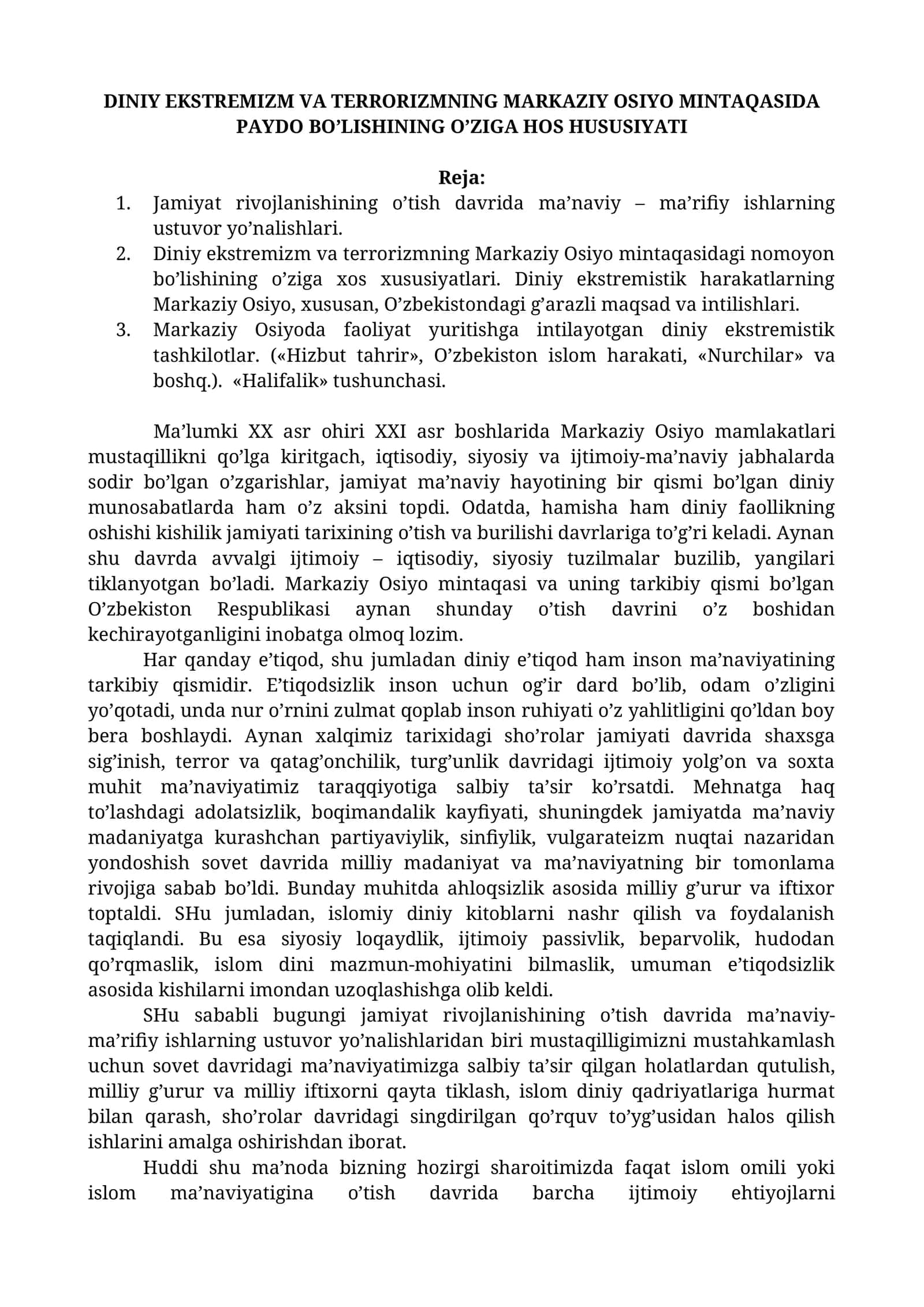 DINIY EKSTREMIZM VA TERRORIZMNING MARKAZIY OSIYO MINTAQASIDA PAYDO BO’LISHINING O’ZIGA HOS HUSUSIYATI