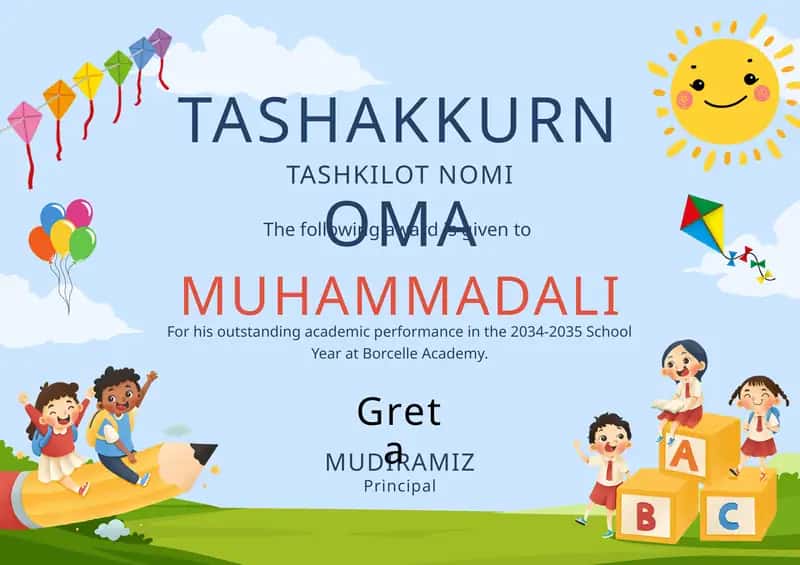 Tashakkurnoma shablon tayyori andoza