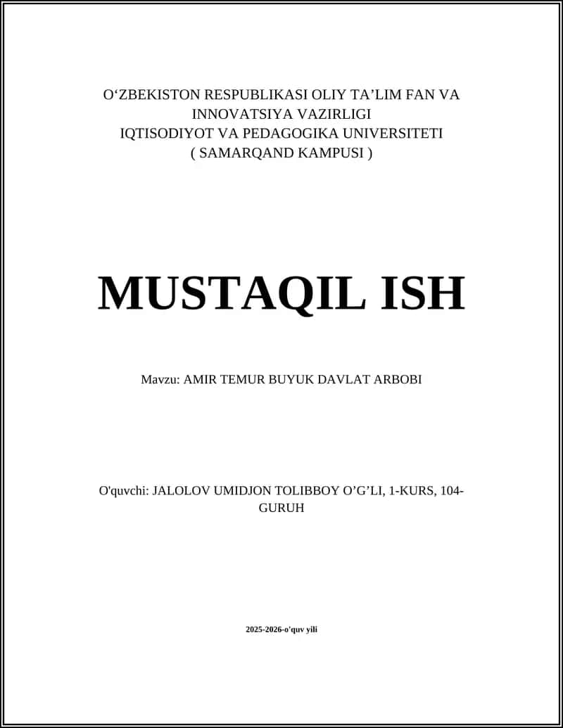 AMIR TEMUR BUYUK DAVLAT ARBOBI