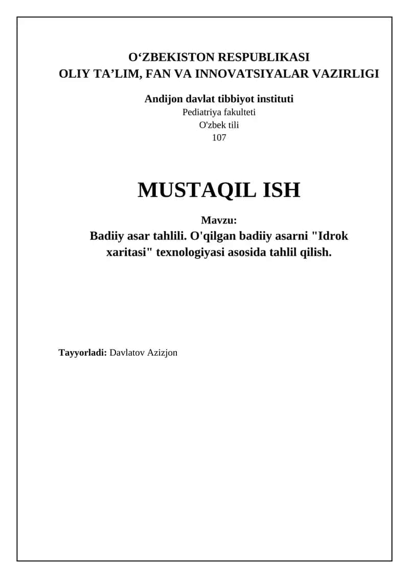 Badiiy asar tahlili. O'qilgan badiiy asarni "Idrok xaritasi" texnologiyasi asosida tahlil qilish