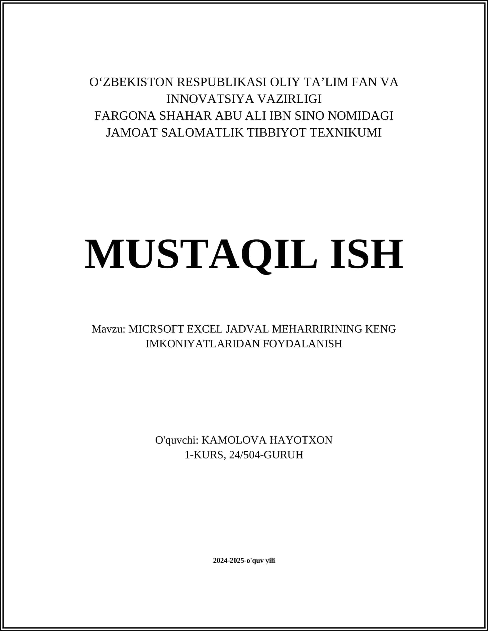 MICRSOFT EXCEL JADVAL MEHARRIRINING KENG IMKONIYATLARIDAN FOYDALANISH