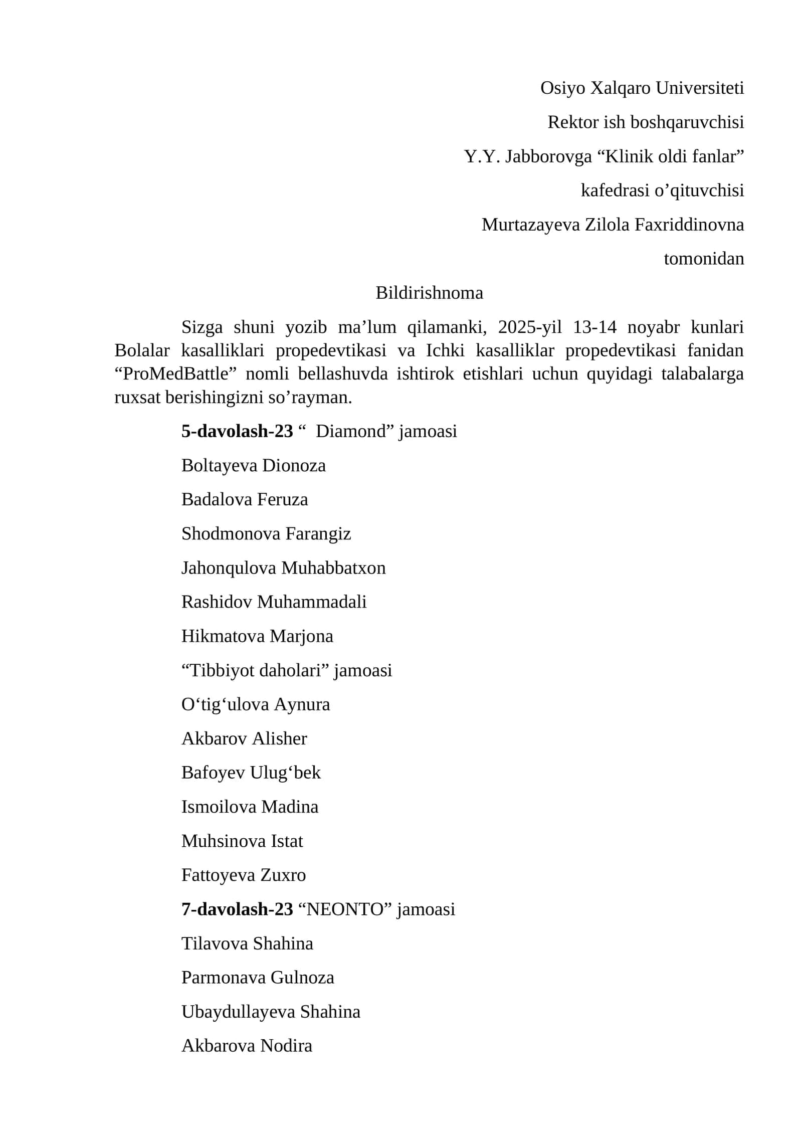 Klinik oldi fanlar kafedrasi o'qituvchisi