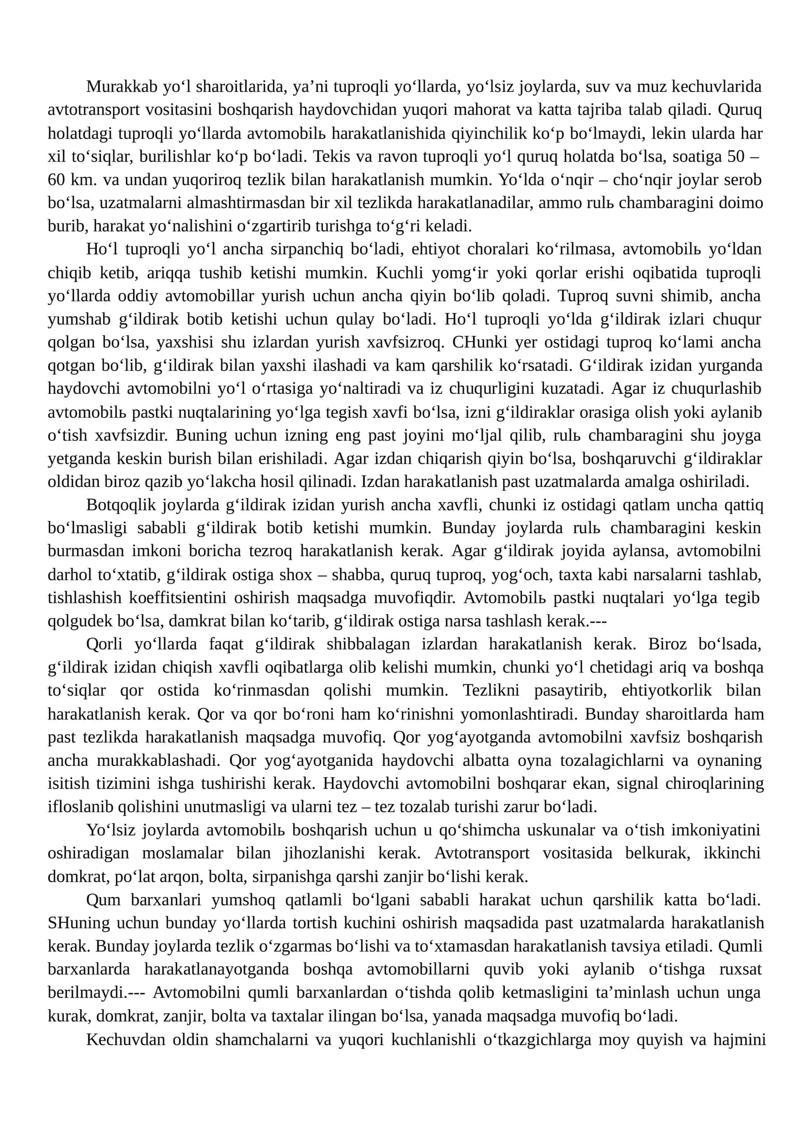 Murakkab yo'l sharoitlarida avtotransport vositasini boshqarish