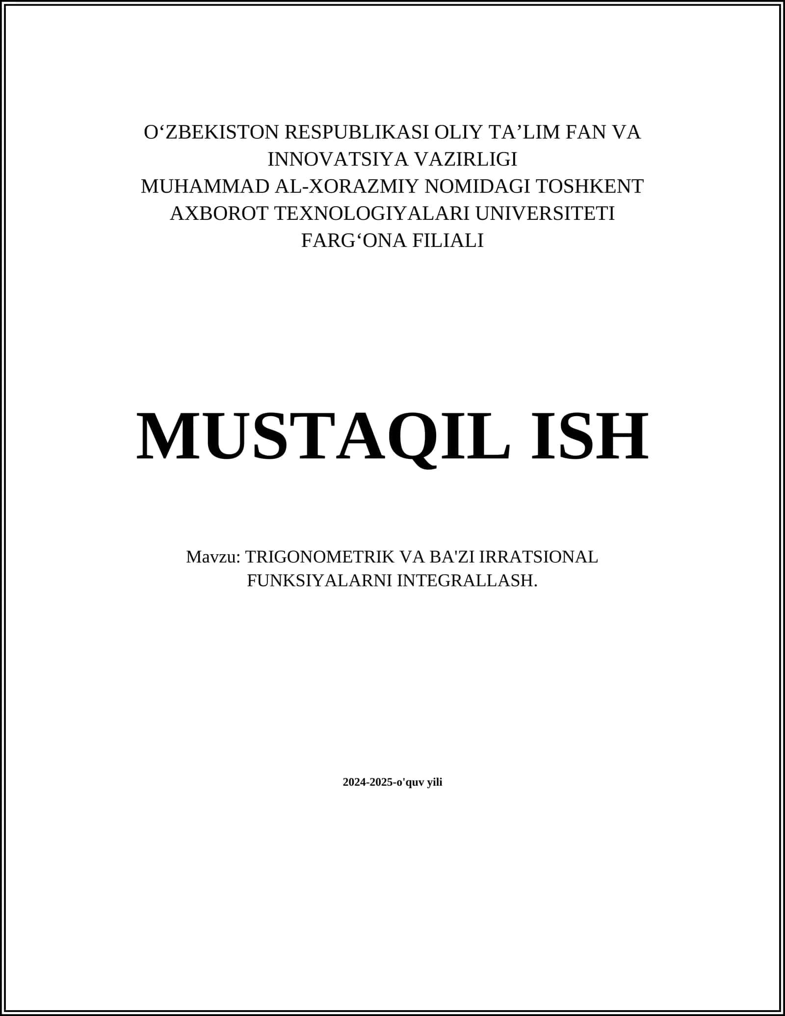 TRIGONOMETRIK VA BA'ZI IRRATSIONAL FUNKSIYALARNI INTEGRALLASH