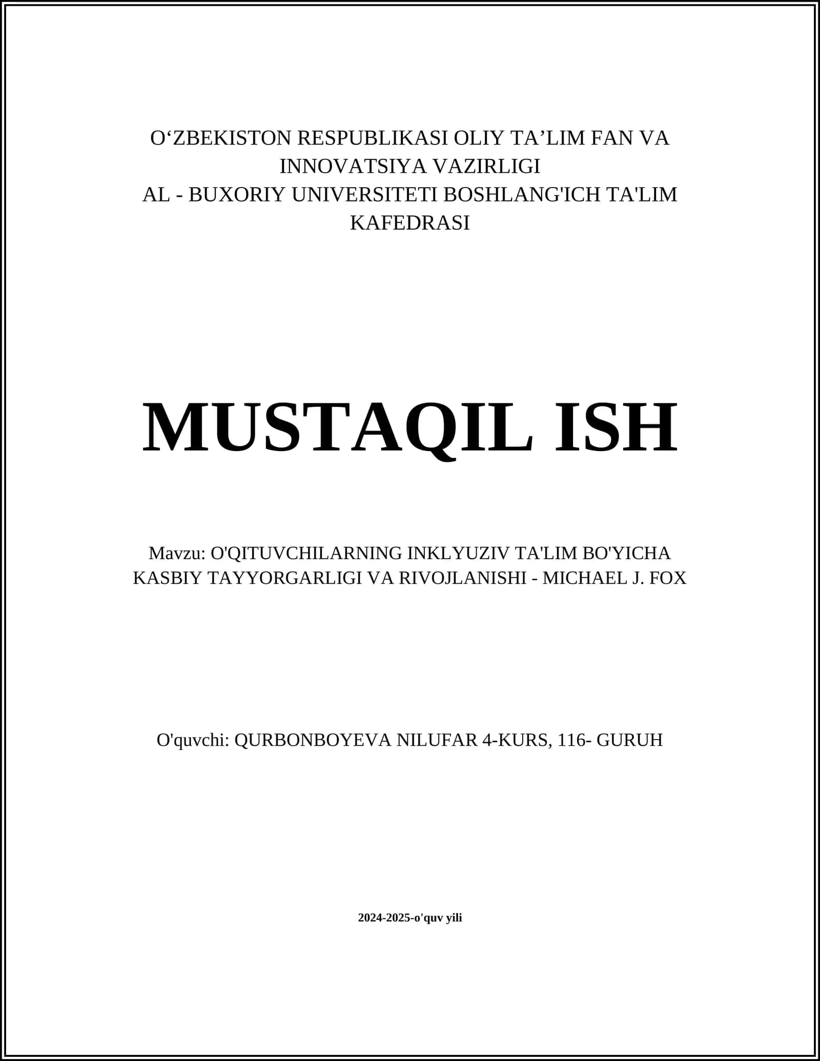 O'QITUVCHILARNING INKLYUZIV TA'LIM BO'YICHA KASBIY TAYYORGARLIGI VA RIVOJLANISHI - MICHAEL J. FOX