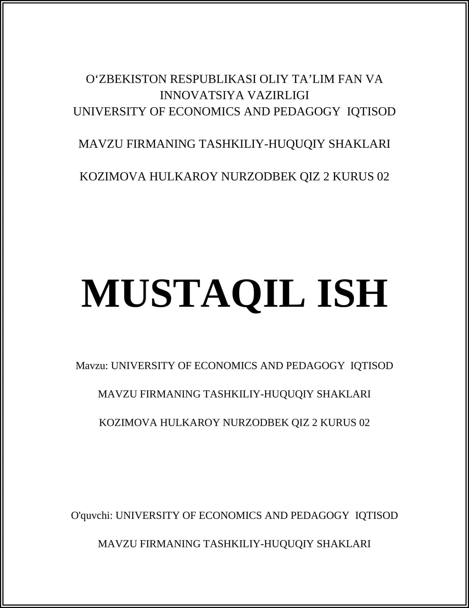 UNIVERSITY OF ECONOMICS AND PEDAGOGY IQTISOD