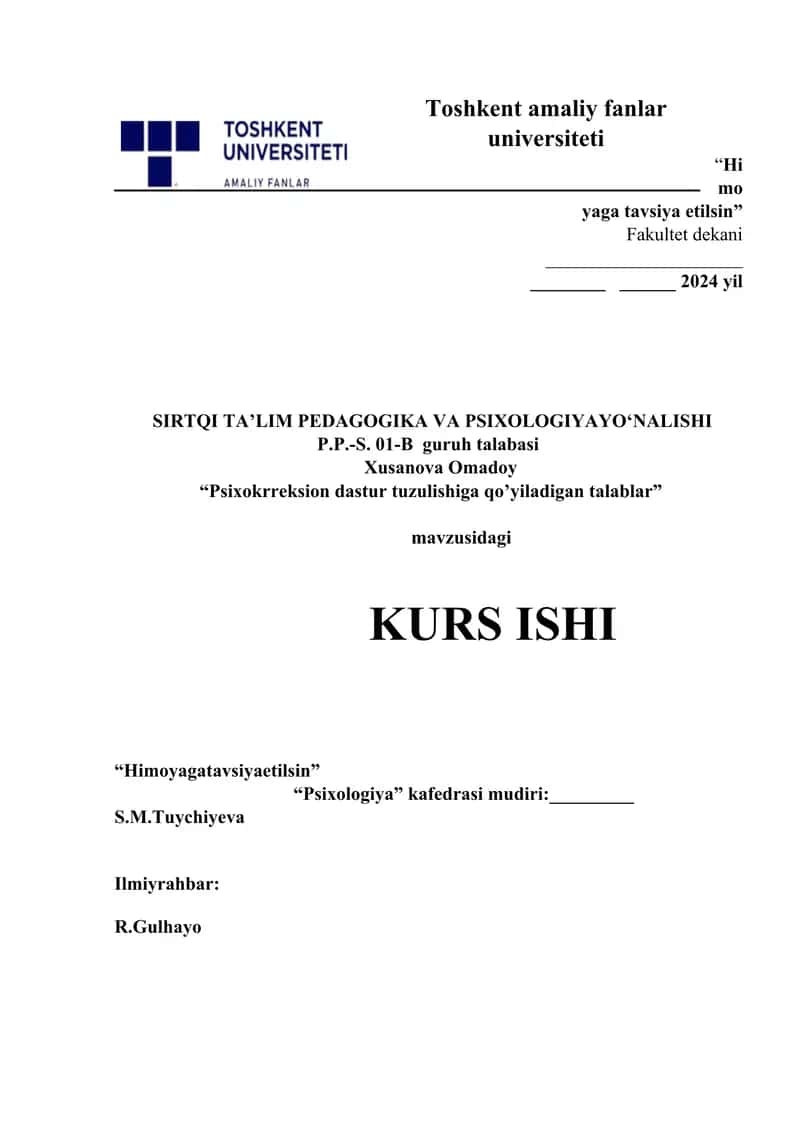 Psixokrreksion dastur tuzulishiga qo’yiladigan talablar