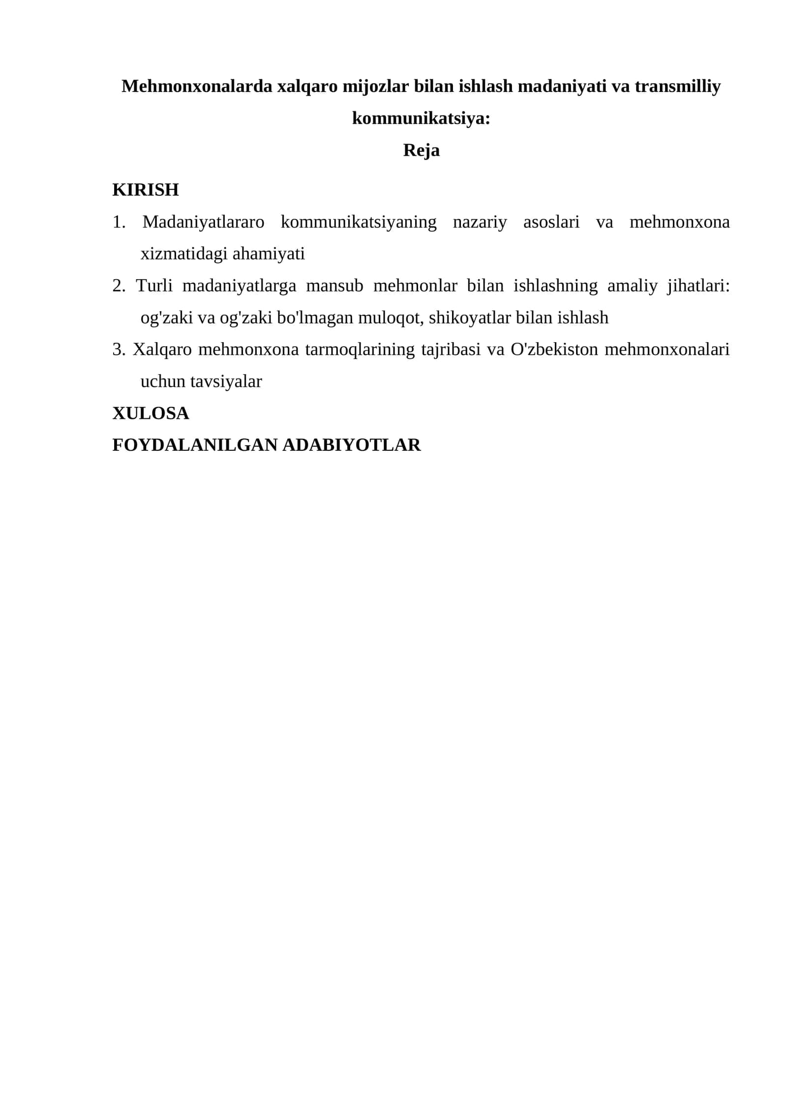 Mehmonxonalarda xalqaro mijozlar bilan ishlash madaniyati va transmilliy kommunikatsiya