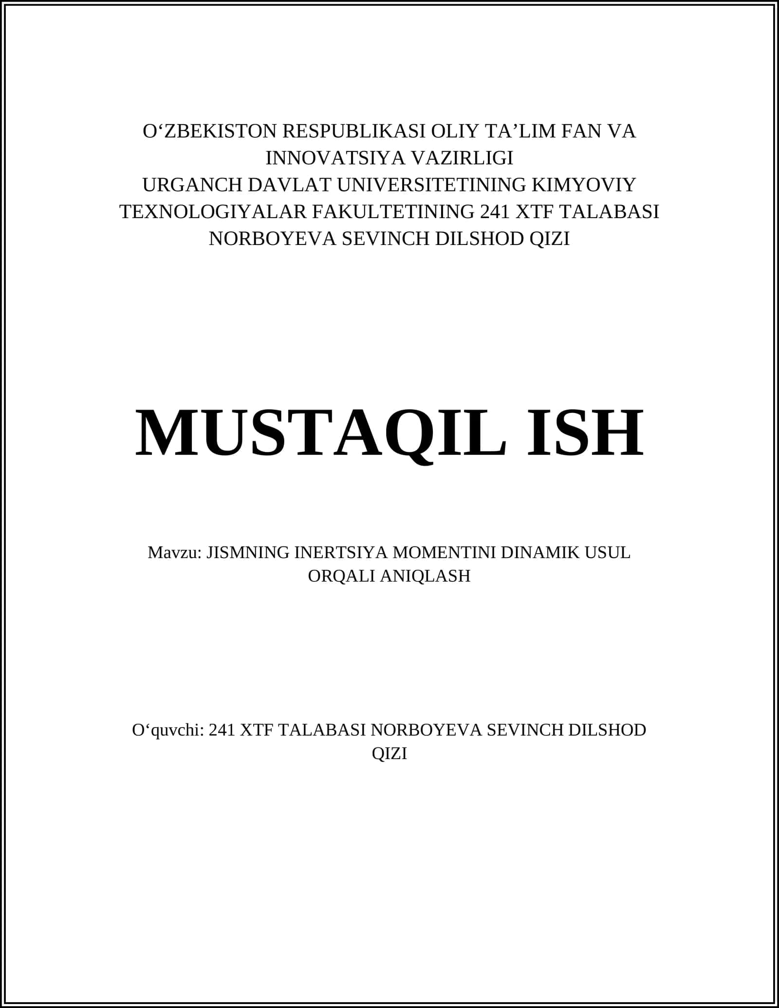 JISMNING INERTSIYA MOMENTINI DINAMIK USUL ORQALI ANIQLASH